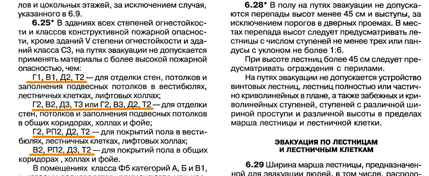 применение отделочных материалов на путях эвакуации